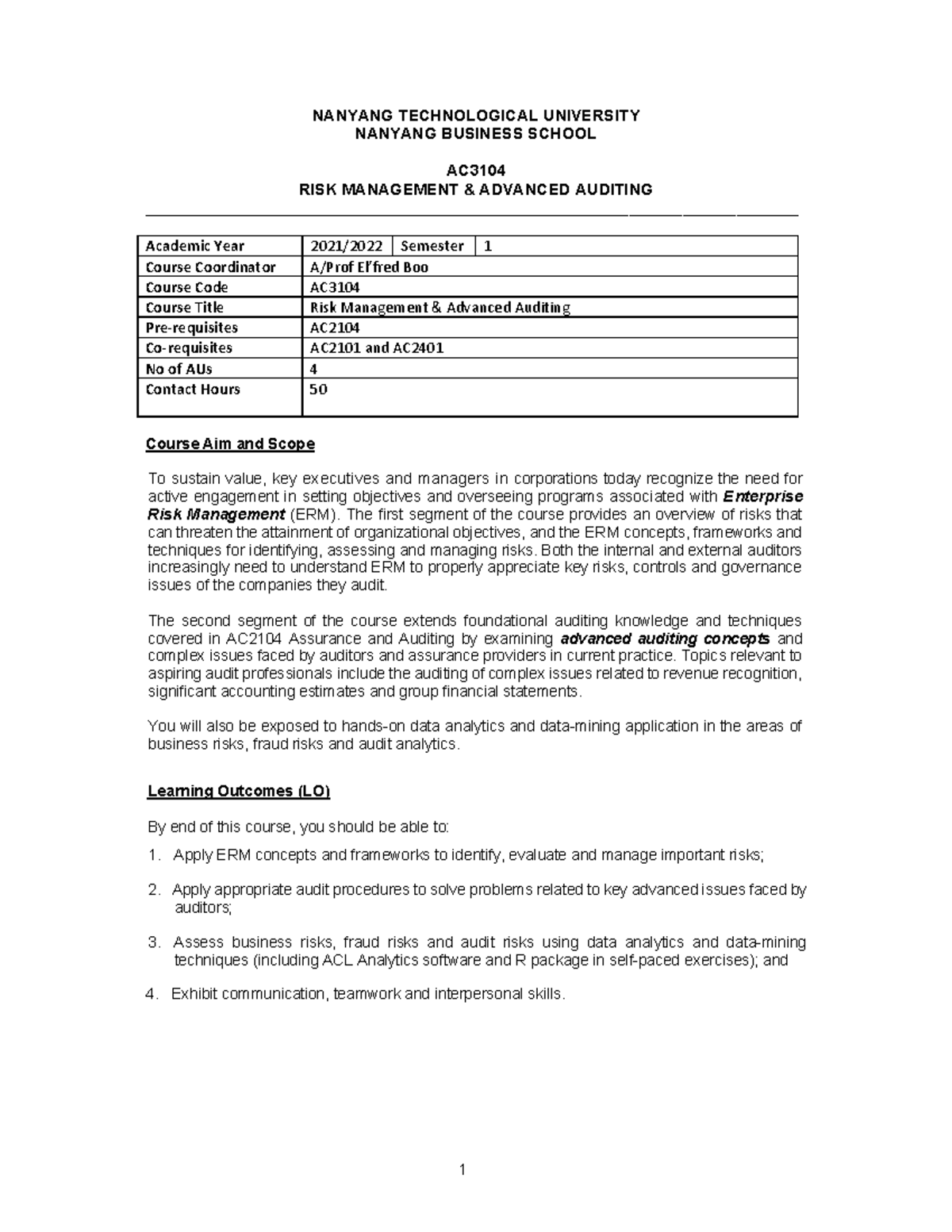 AC3104 Risk Management & Advanced Auditing Course Outline AY21-22 S1 ...
