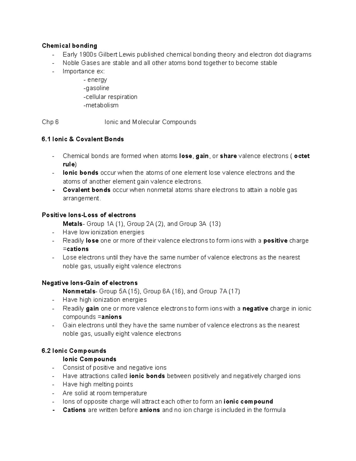 Chem 101 Chapter 6: Ionic & Molecular Compounds Summary Notes - Studocu