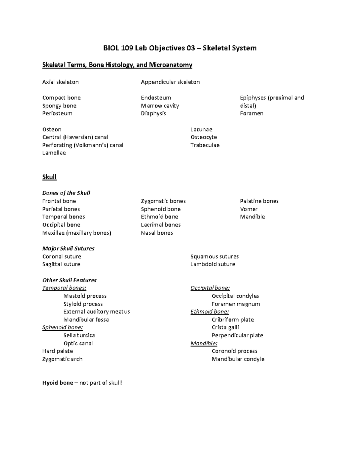 BIOL 109 Lab Objectives: Overview of Skeletal System & Bone Structure ...
