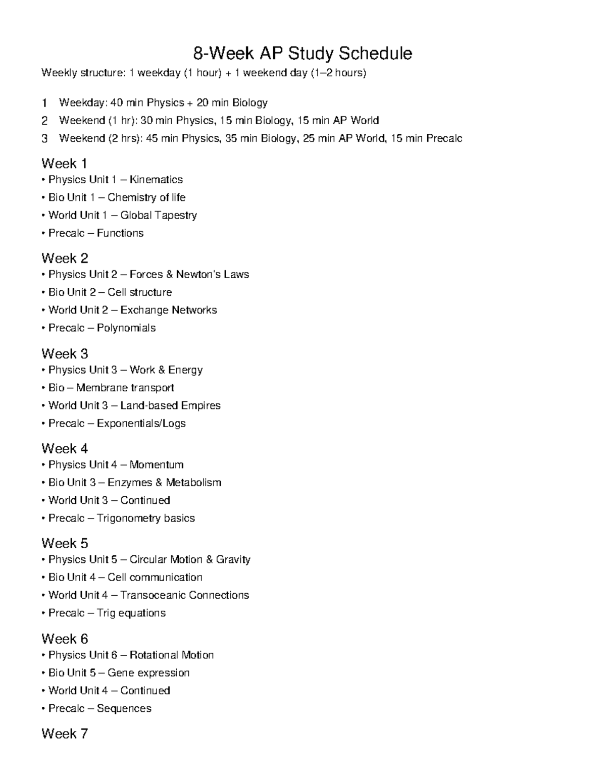 AP Study Schedule: 8-Week Plan for AP Physics, Bio, World & Precalc ...