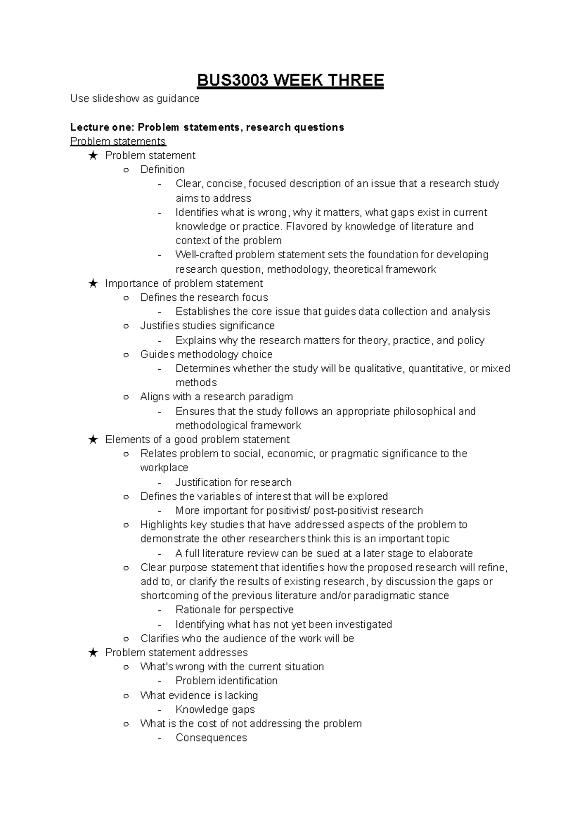 BUS3003 WEEK 3 Lecture Notes: Problem Statements & Research Questions ...