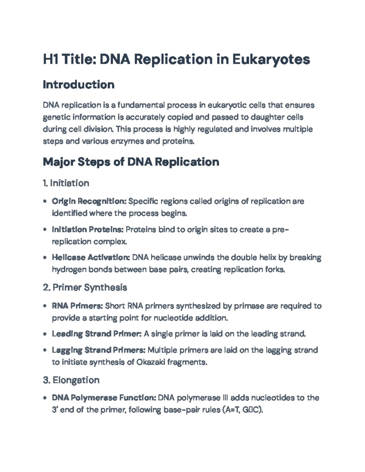 DNA Replication in Eukaryotes: Processes, Enzymes, and Regulation - H1 ...