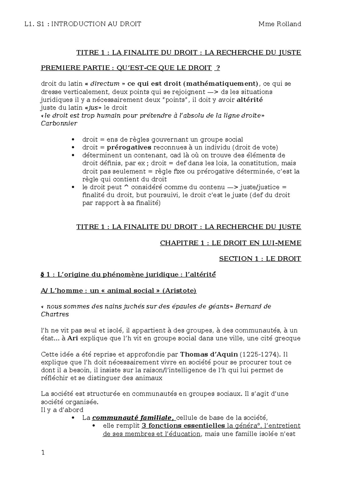 L1. S1 : Introduction au Droit - La Finalité et la Nature du Droit ...