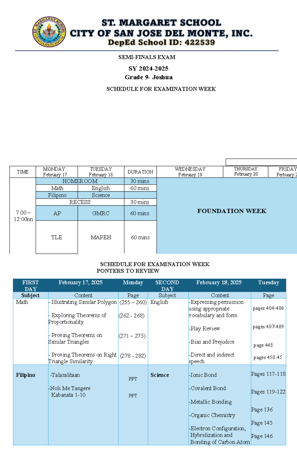 PTR SEMI Finals 9 Joshua Exam Schedule for February 2025 - Studocu