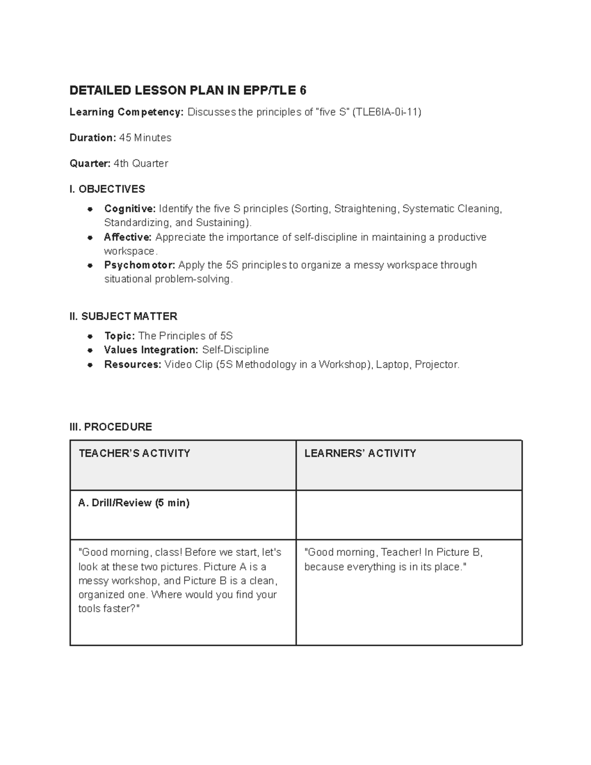EPP - Detailed Lesson Plan on 5S Principles for 4th Quarter - Studocu