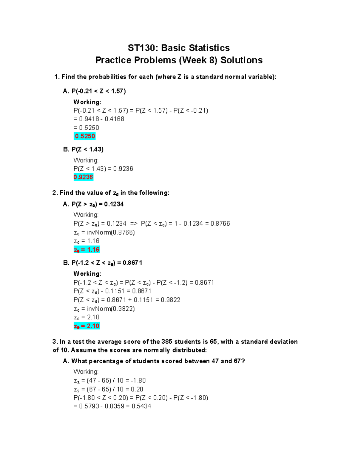 ST130: Week 8 Basic Statistics Practice Problems Solutions - Studocu