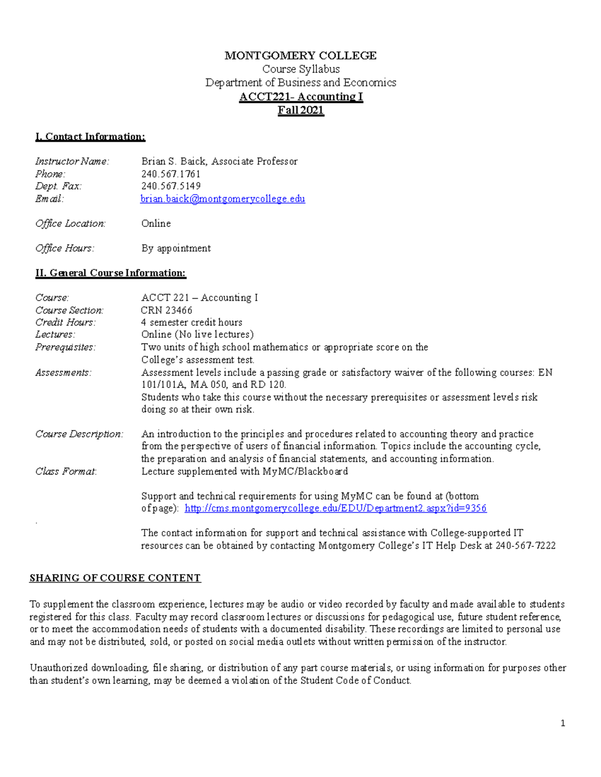 ACCT221 Syllabus Overview for Accounting I - Fall 2021 - Studocu