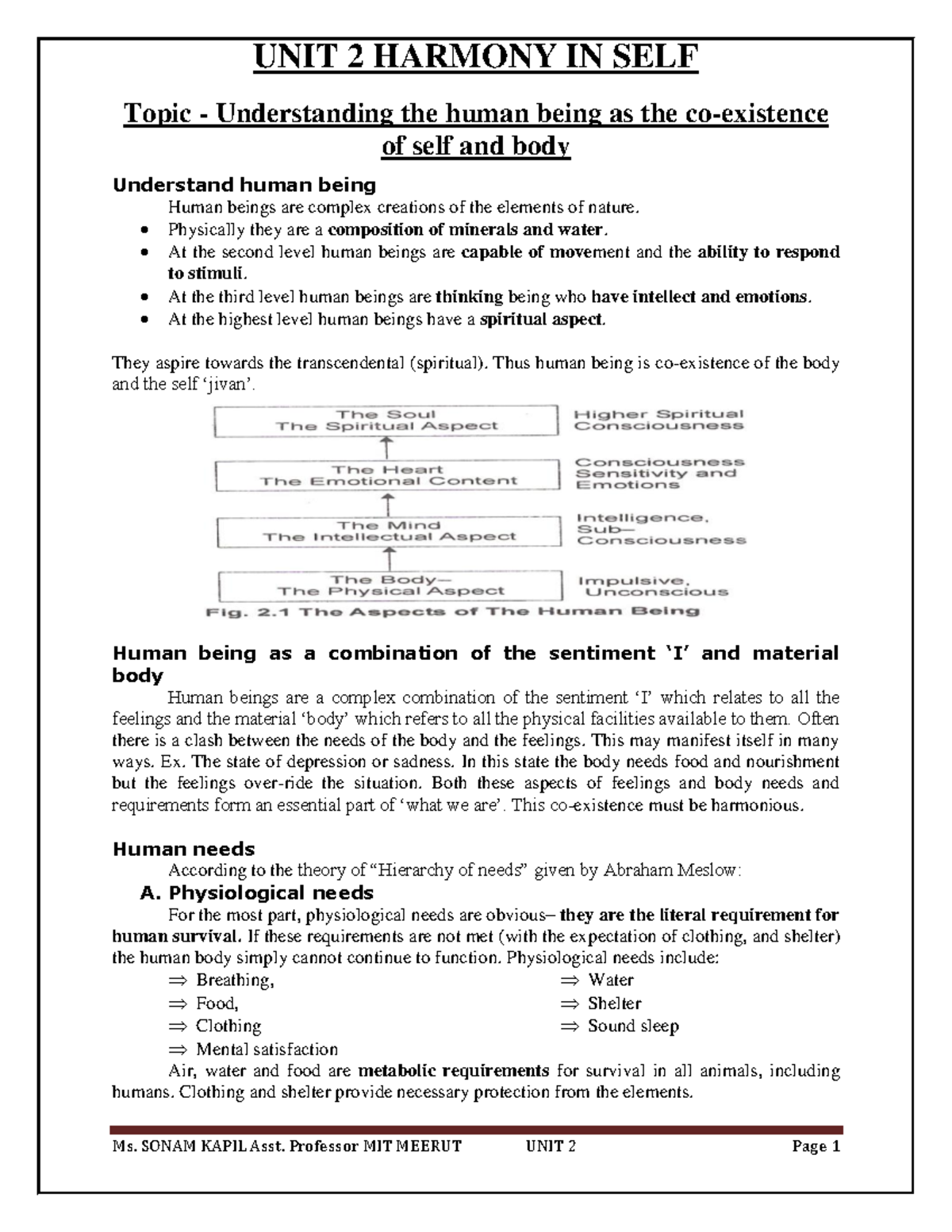 Uhv-mod2-notes - UHV NOTES - UNIT 2 HARMONY IN SELF Topic ...
