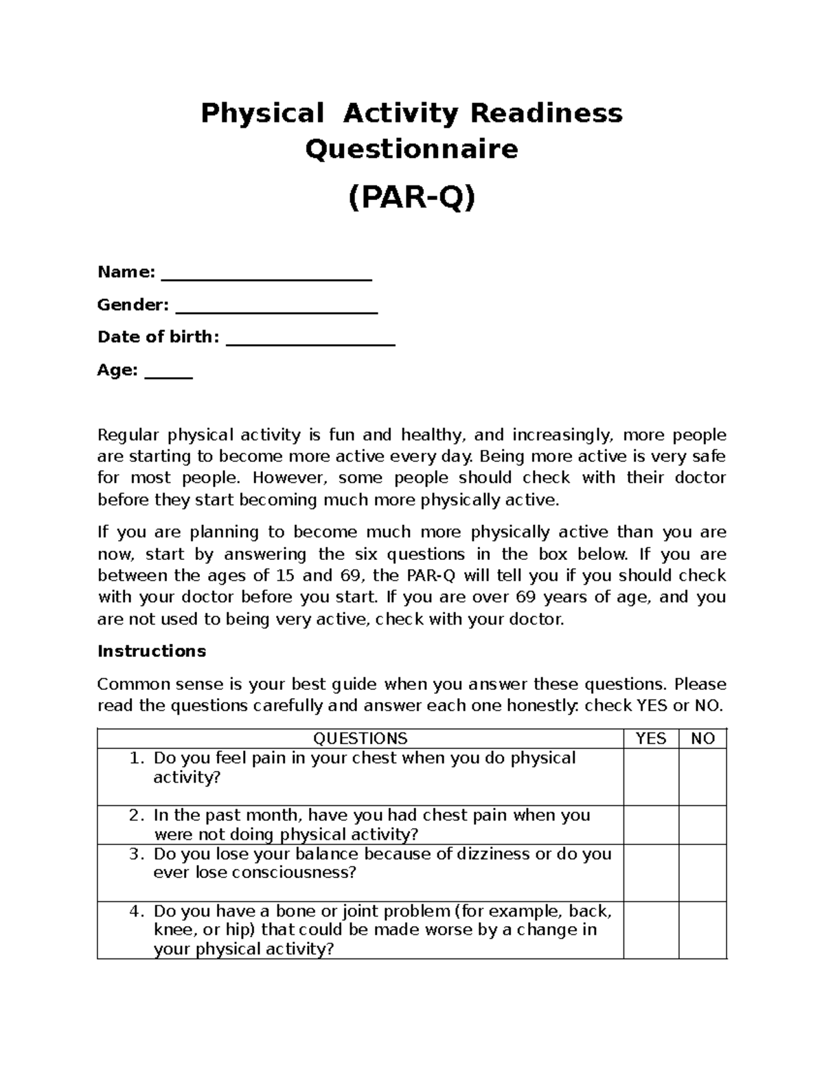 Par-Q - Physical activity readiness questionnaire for health assessment ...