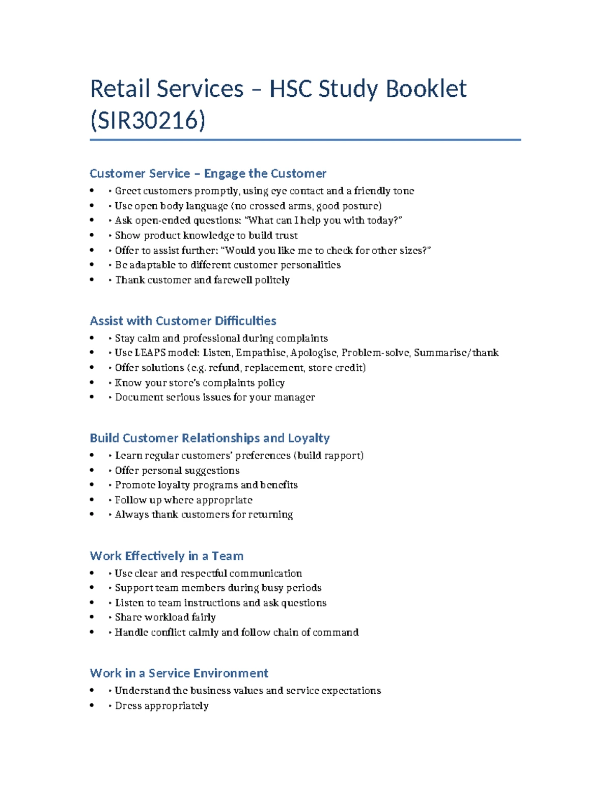 Retail Services HSC Mandatory Focus Area: Safety Revision Guide - Studocu