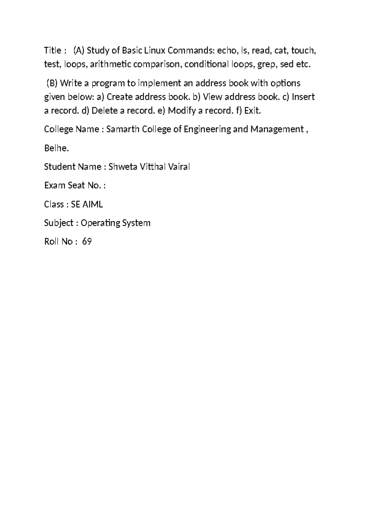 Practical Code 1 OS: Address Book Implementation in Linux - Studocu