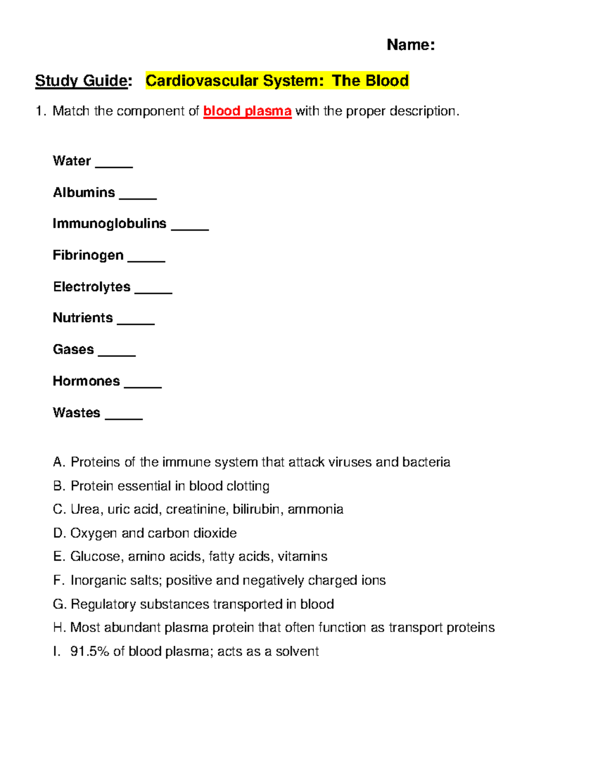 2 Study Guide - Cardiovascular System: The Blood (BIO 101) - Studocu