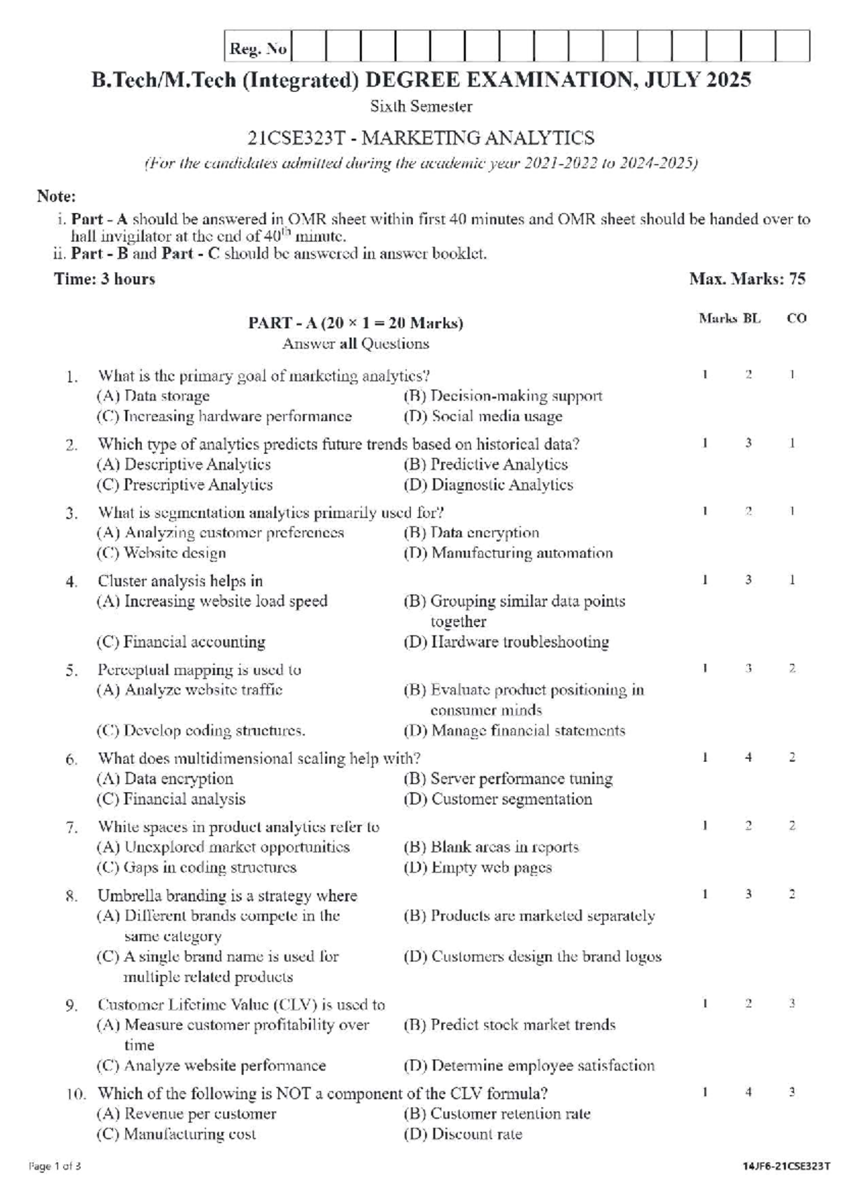 21CSE323T Marketing Analytics Exam Notes - July 2025 - Studocu