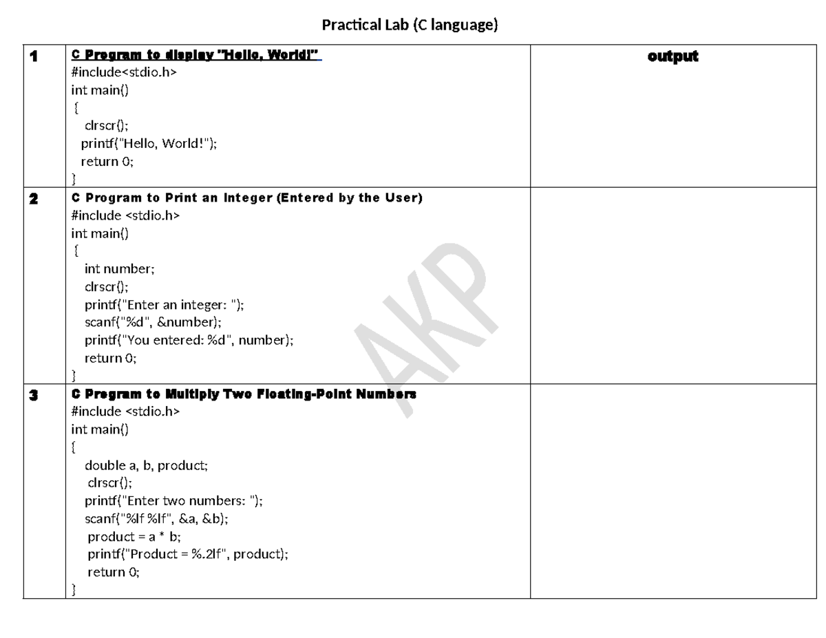 Practical Lab-I - must read it - Practical Lab (C language) 1 C Program ...