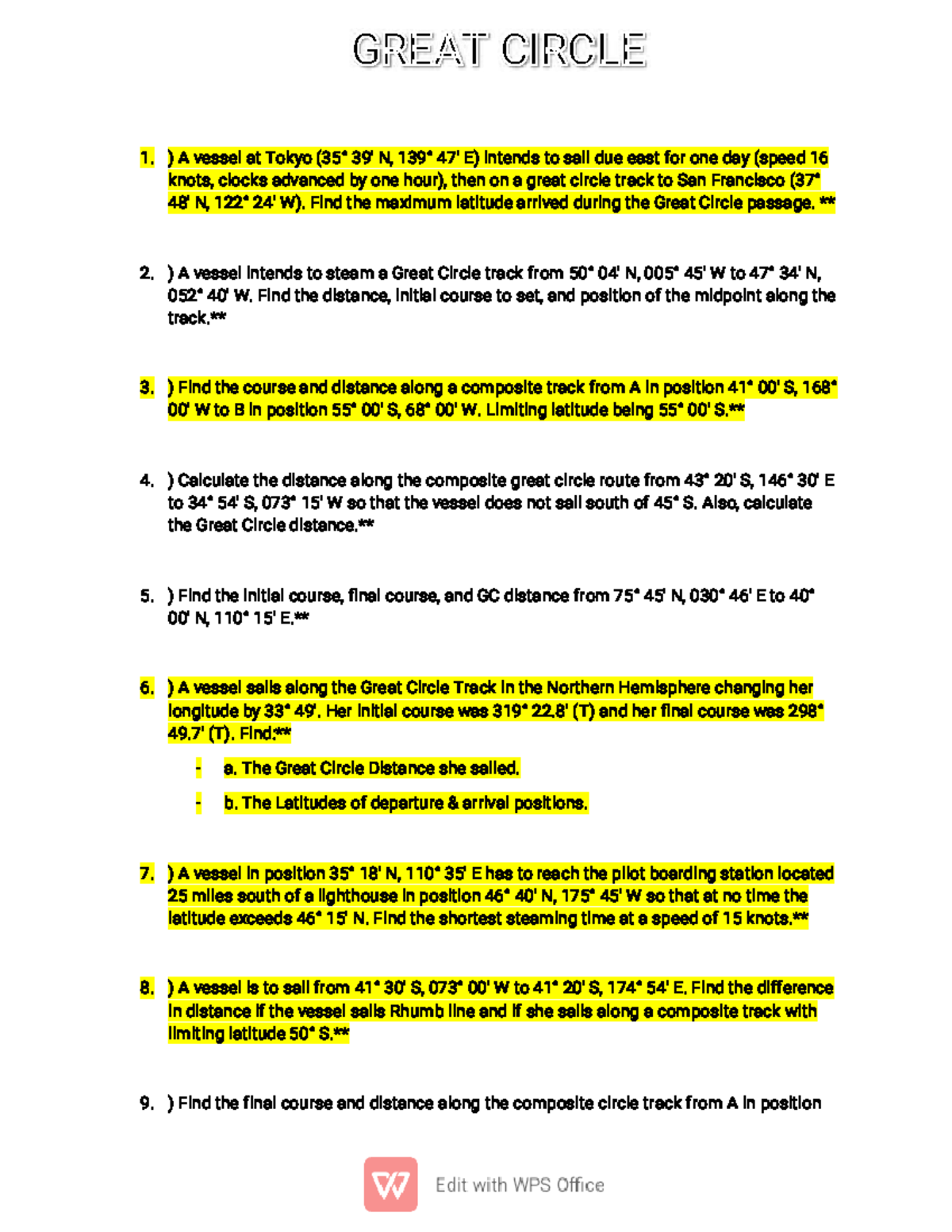 Great Circle Navigation Problems and Solutions (Course Code: GC 101 ...