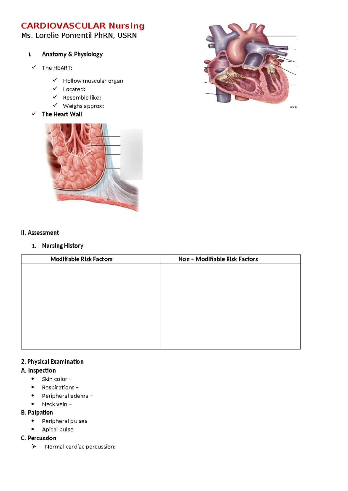 CARDIOVASCULAR Nursing Lecture Notes - Ms. Pomentil PhRN, USRN - Studocu