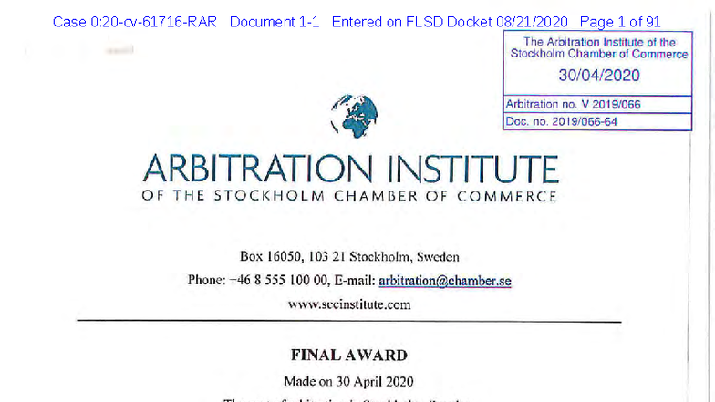 Final Award in SCC Arbitration No. V: State Joint Stock Holding Co. vs ...