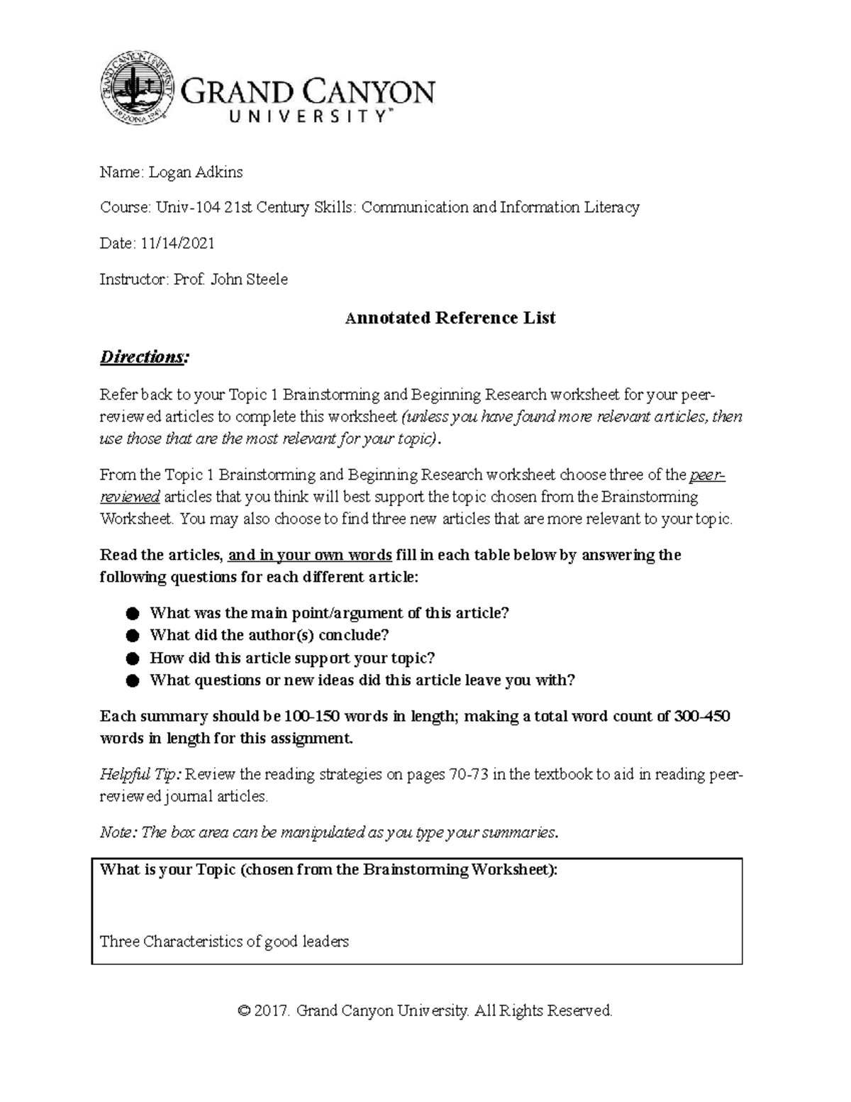 Annotated Reference Guide Worksheet for Univ 104: Leadership Insights ...