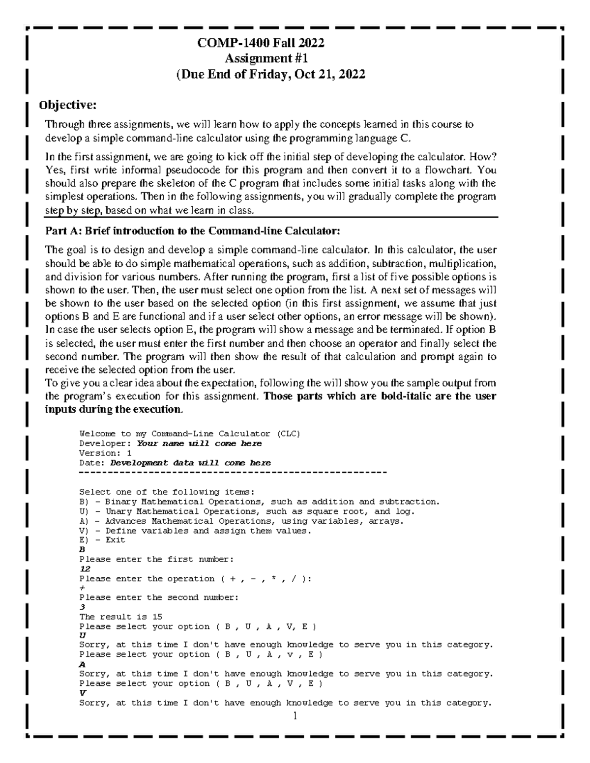 COMP-1400 Fall 2022 - Assignment 1: Command-Line Calculator Development ...