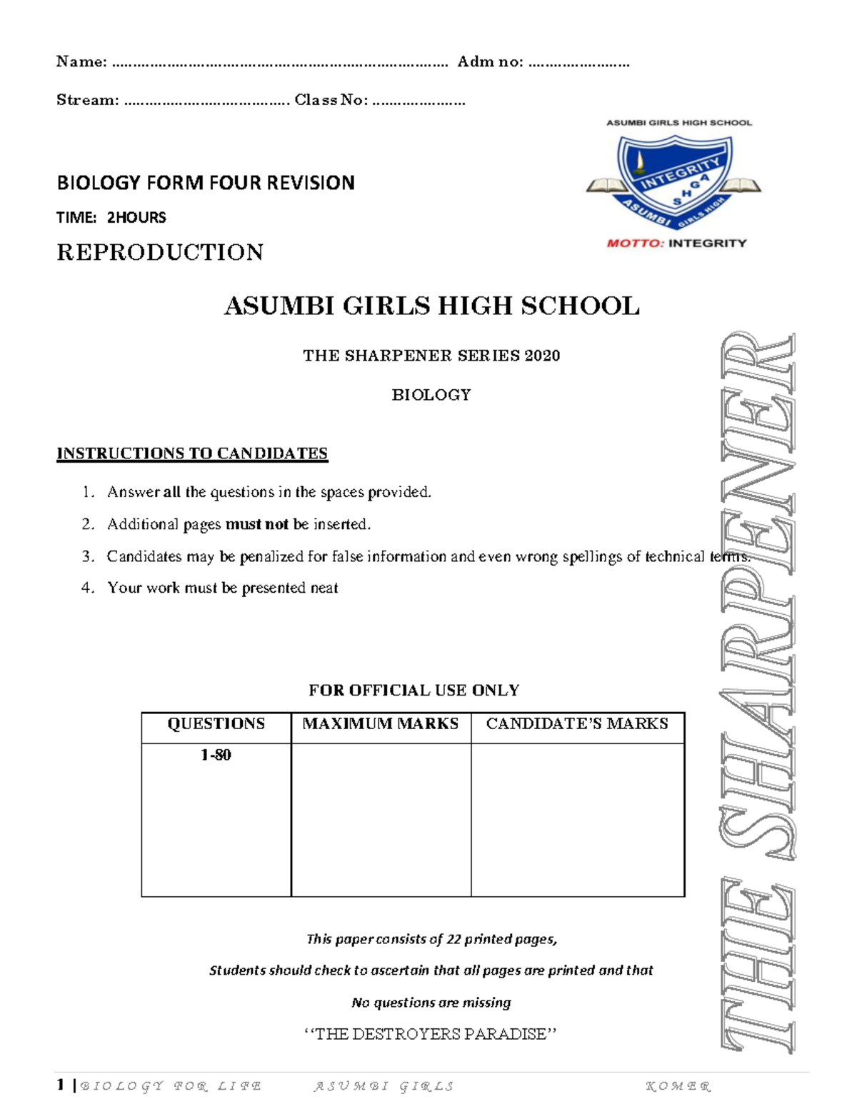 Reproduction Topical Questions - BIOLOGY FORM FOUR - Asumbi Girls - Studocu