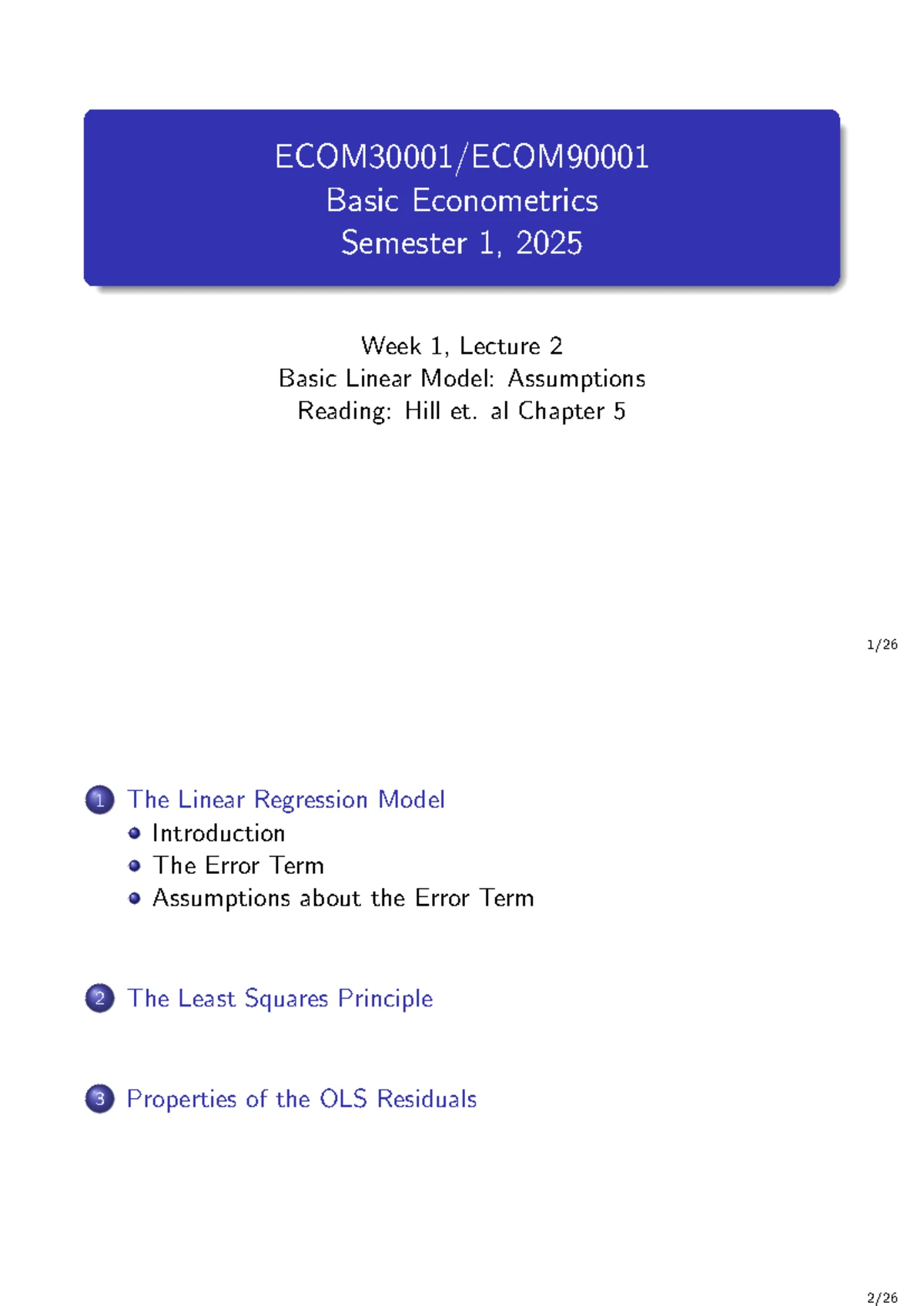 Basic Econometrics (ECO 101) Semester 1, 2025: Week 2 Lecture on OLS ...