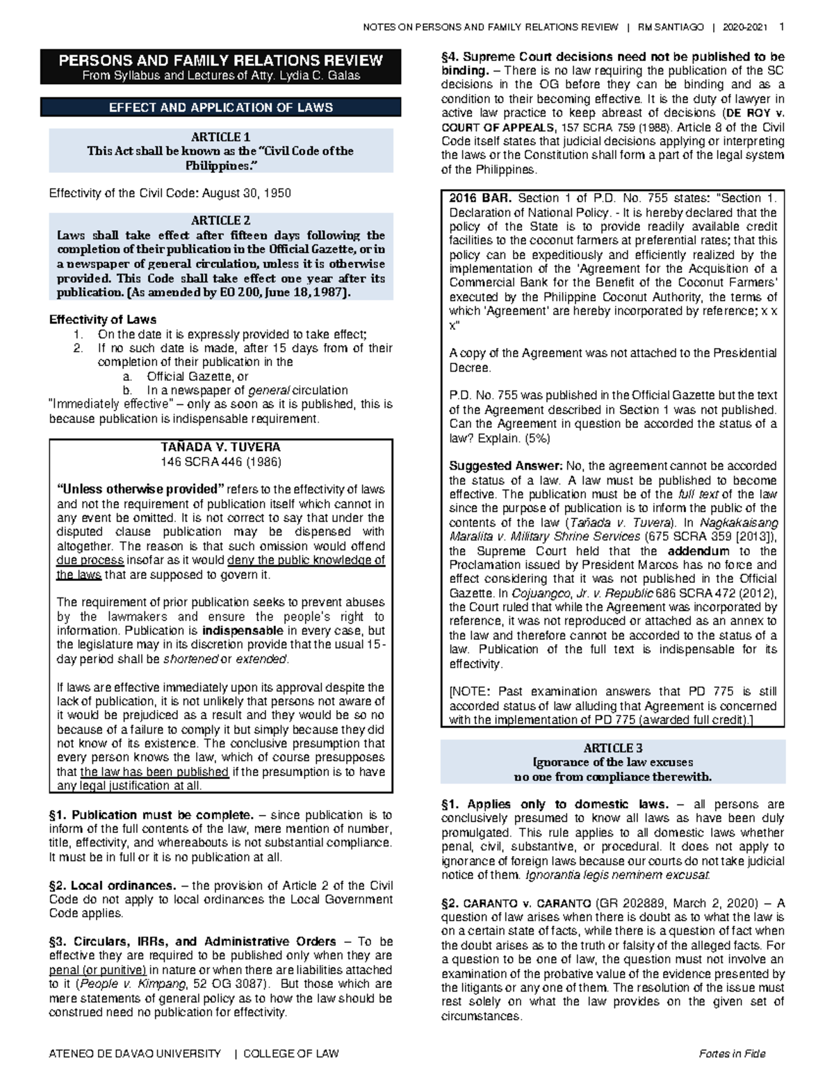 Persons and Family Relations Review Notes (2020-2021) - Atty. Lydia C. Galas - Document Preview