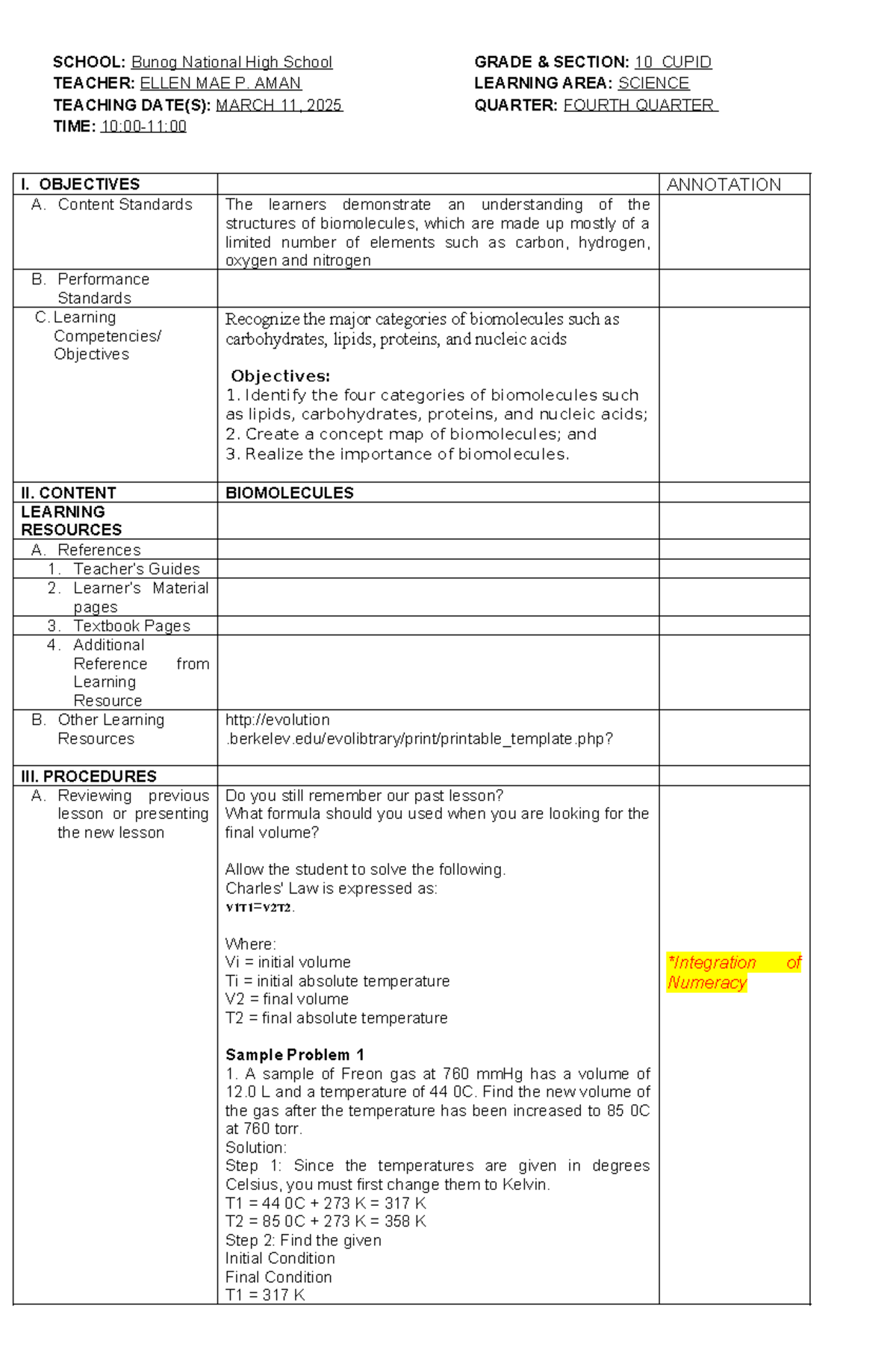 COT DLL - BIOMOLECULES LESSON PLAN for GRADE 10 Science - Studocu