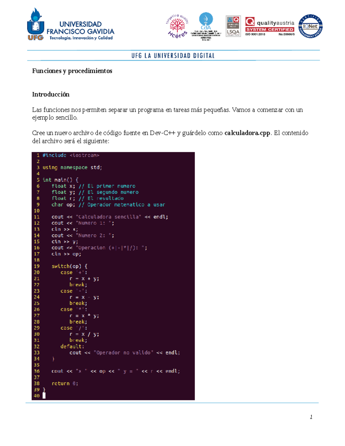 Guía Práctica: Funciones y Procedimientos en C++ (Código 101) - Studocu