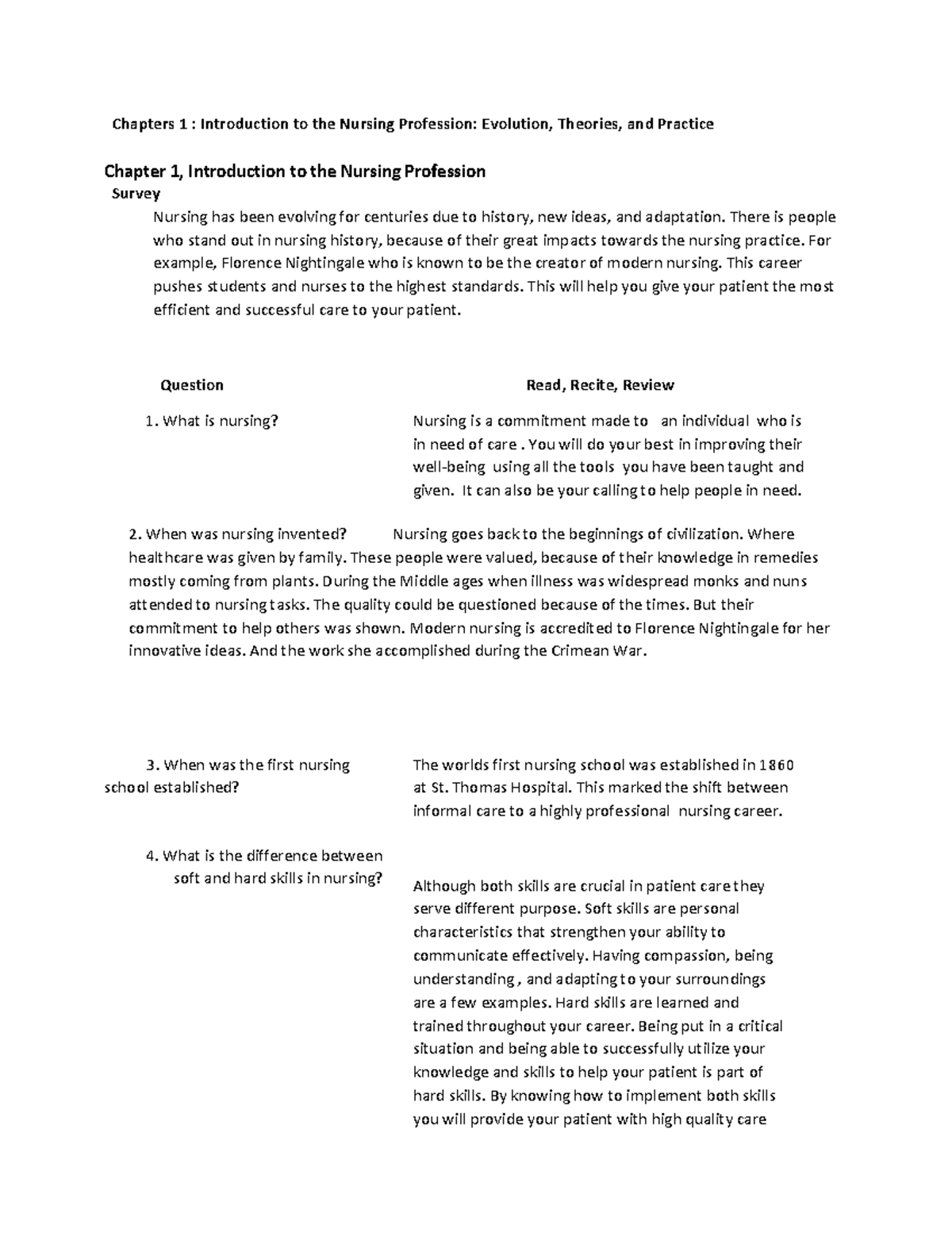 Chapters 1: Introduction to the nursing profession - SQ3R assignment ...