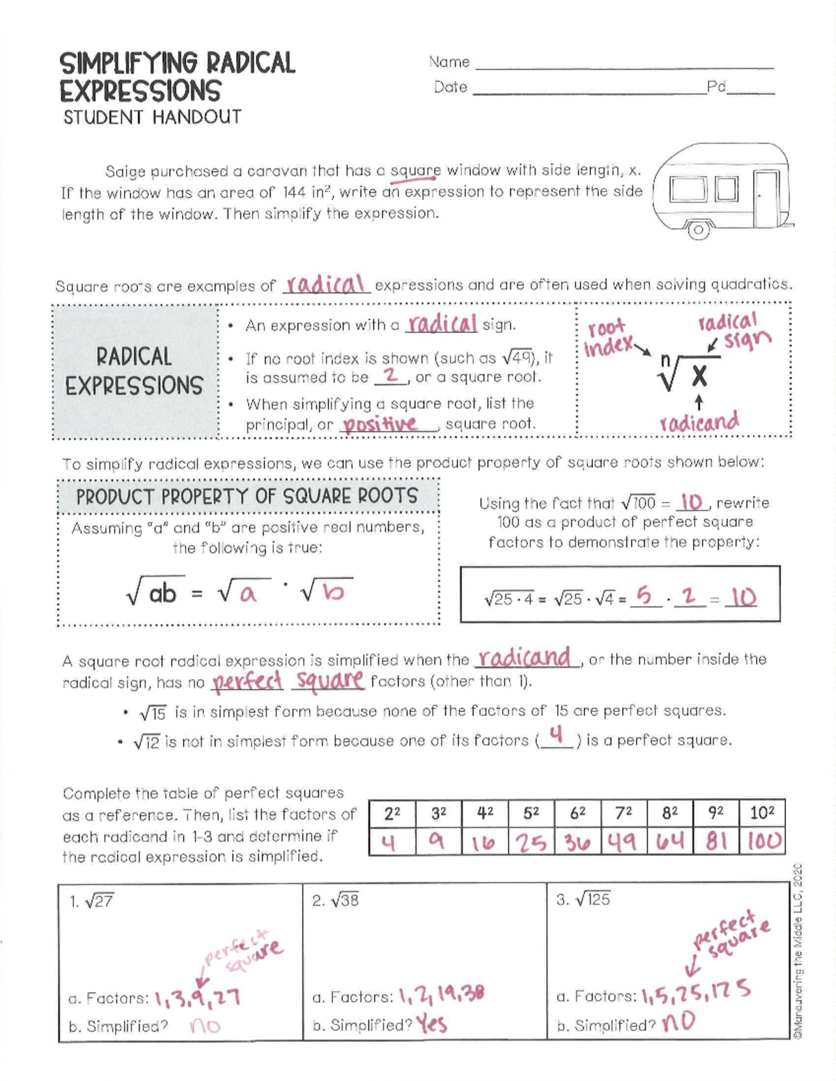 Simplifying Radical Expressions Notes Key - Math 101 - Studocu
