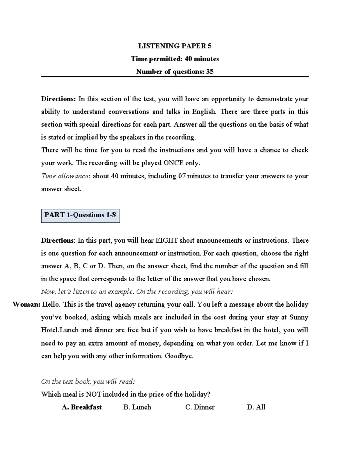 Listening Paper 5 - Anh Văn: Test Instructions & Questions - Studocu