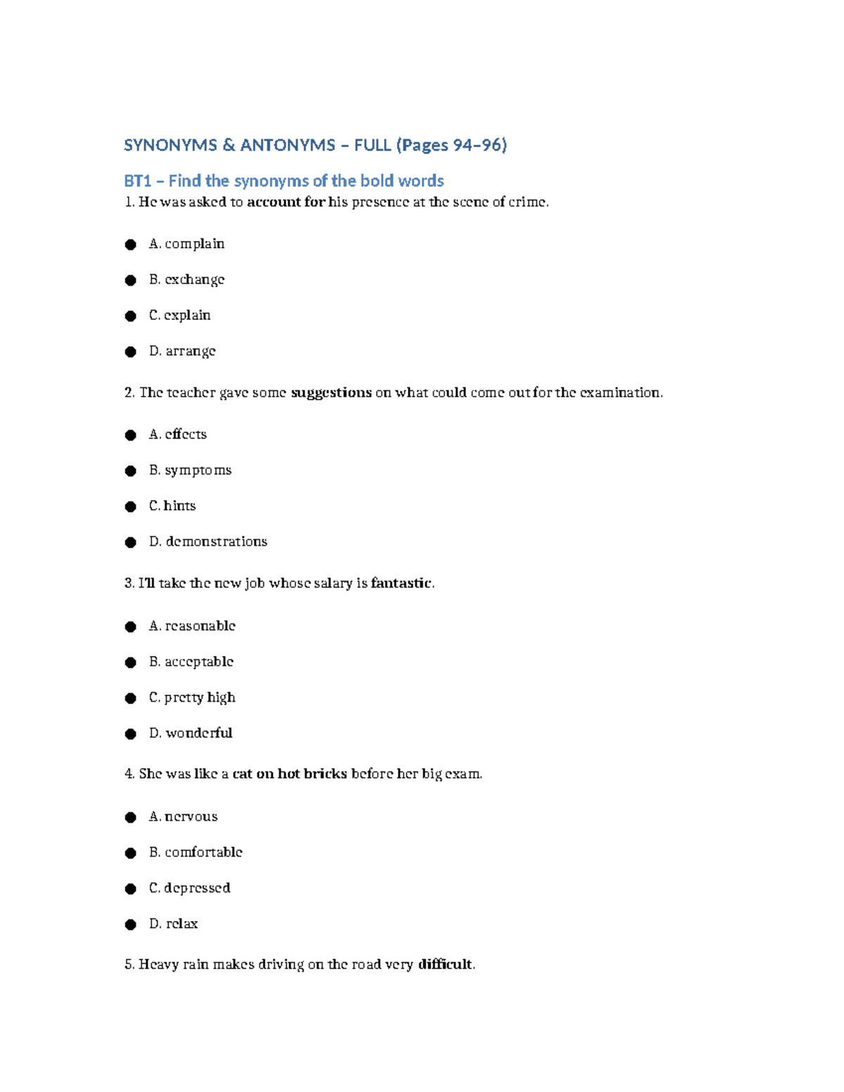 Synonyms and Antonyms Study Guide (P94-96) - Studocu
