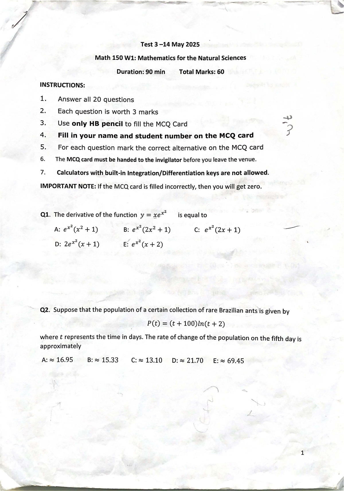 Test 3 - May 2025 Math 150 W1: Past Paper for Natural Sciences - Studocu
