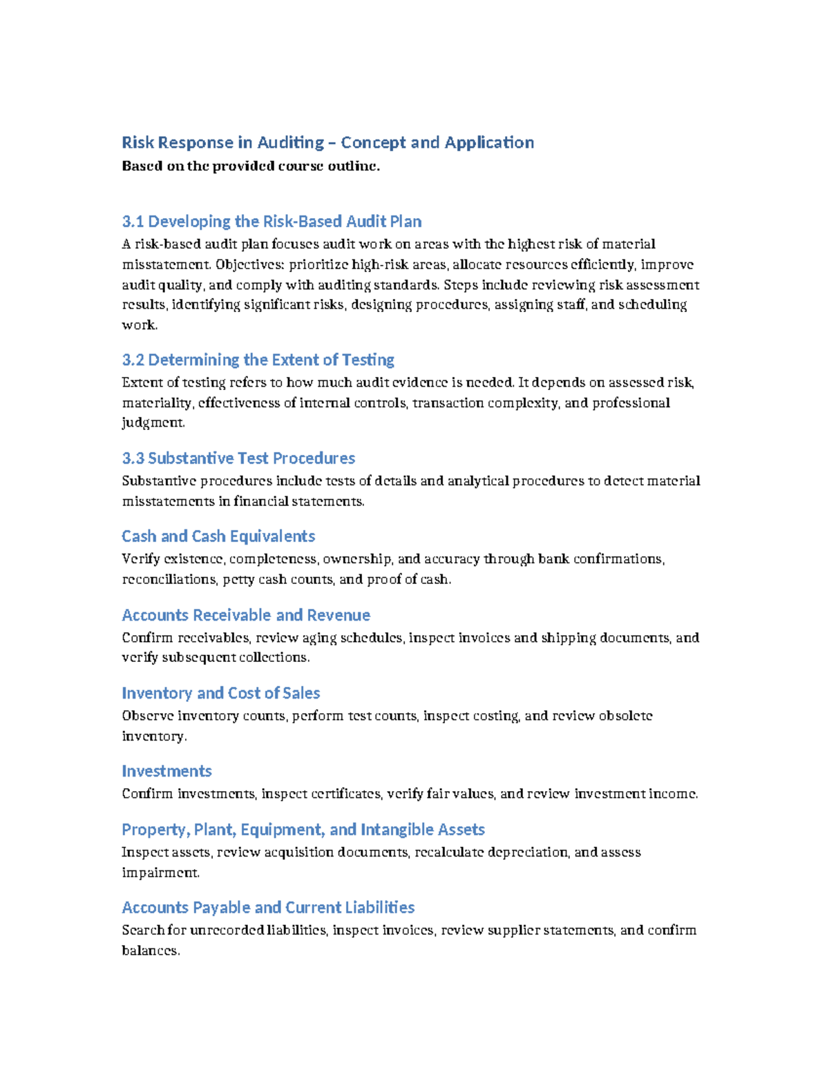 Risk Response in Auditing: Concepts & Applications (AUD 101) - Studocu