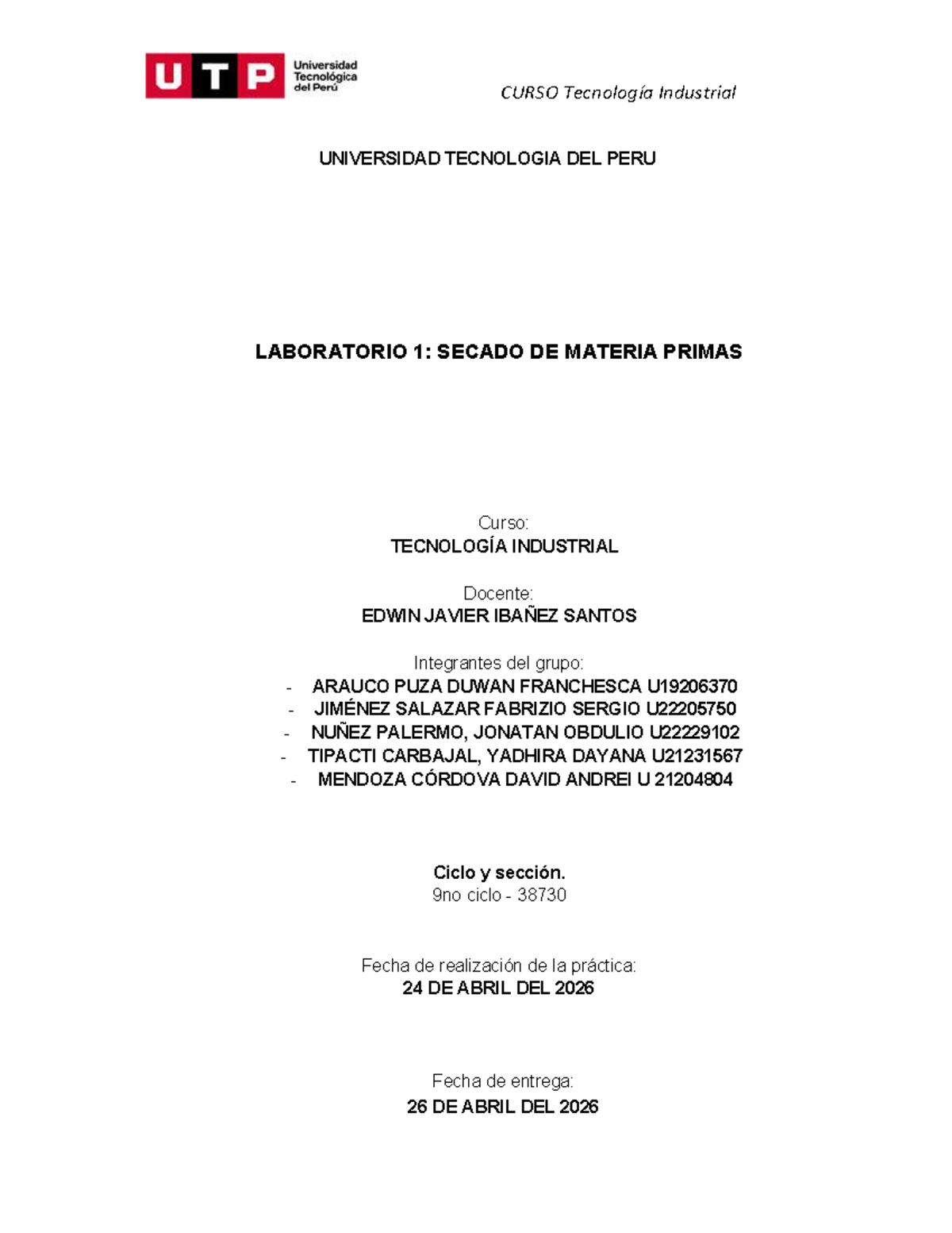 Informe de Laboratorio 1: Secado de Materias Primas - Tecnología ...