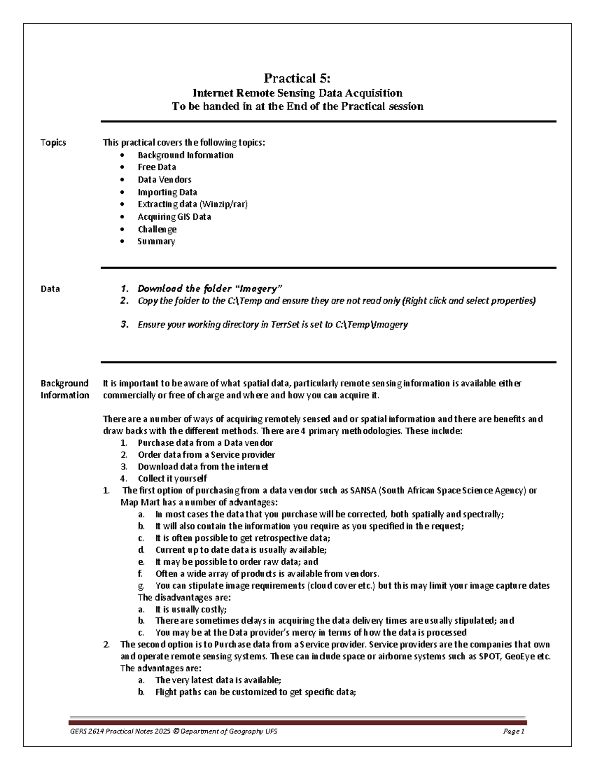 GERS 2614 Practical 5: Remote Sensing Data Acquisition Guide - Studocu