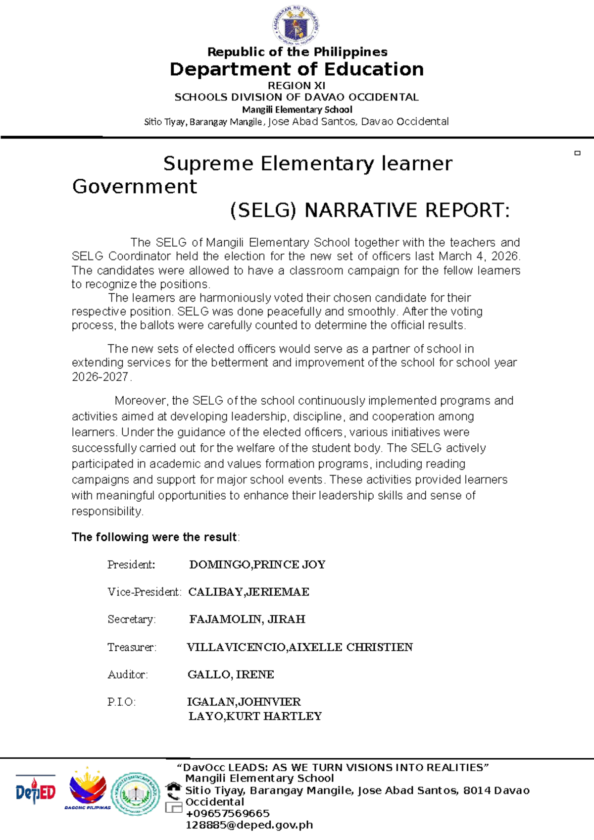 SELG Election Narrative Report - Mangili Elementary School - Studocu