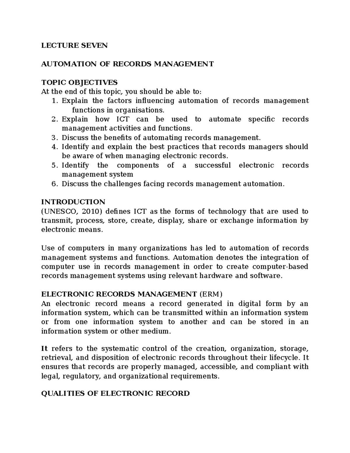RM Lecture 7 - very informative - LECTURE SEVEN AUTOMATION OF RECORDS ...