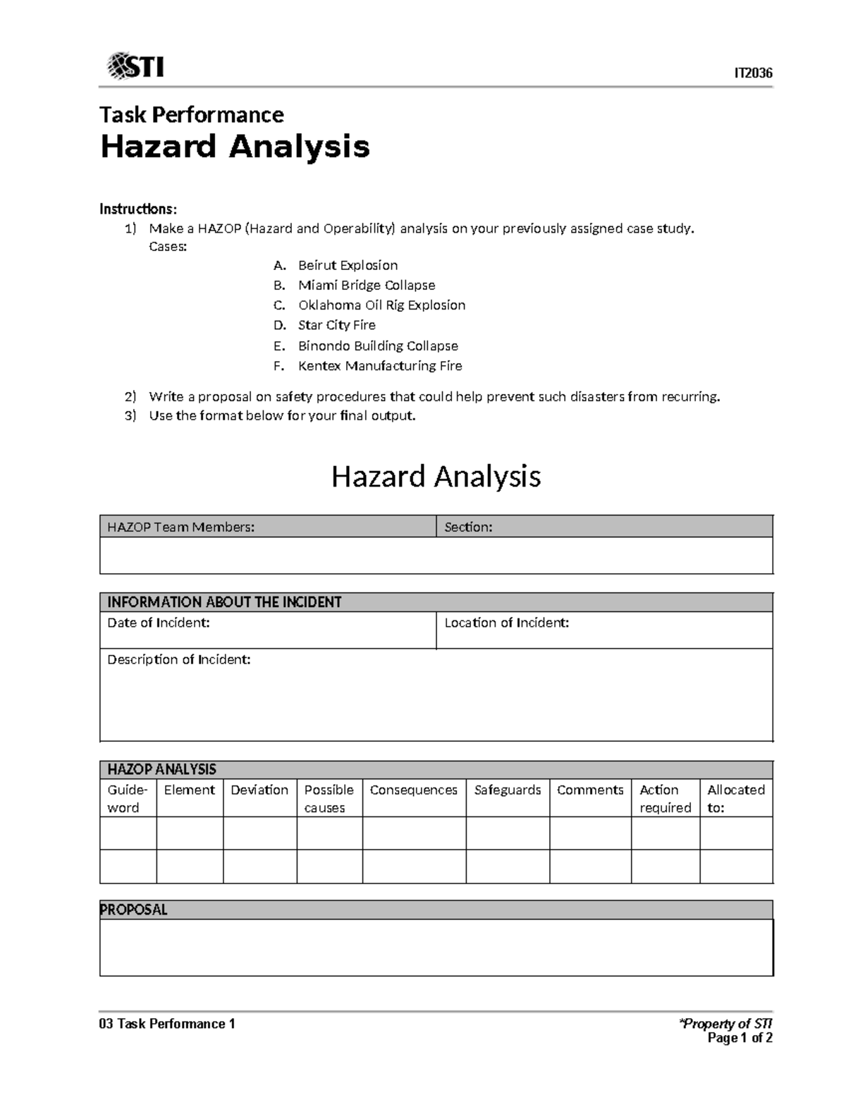 03 Task Performance 1: HAZOP Analysis Proposal for Disasters - Studocu