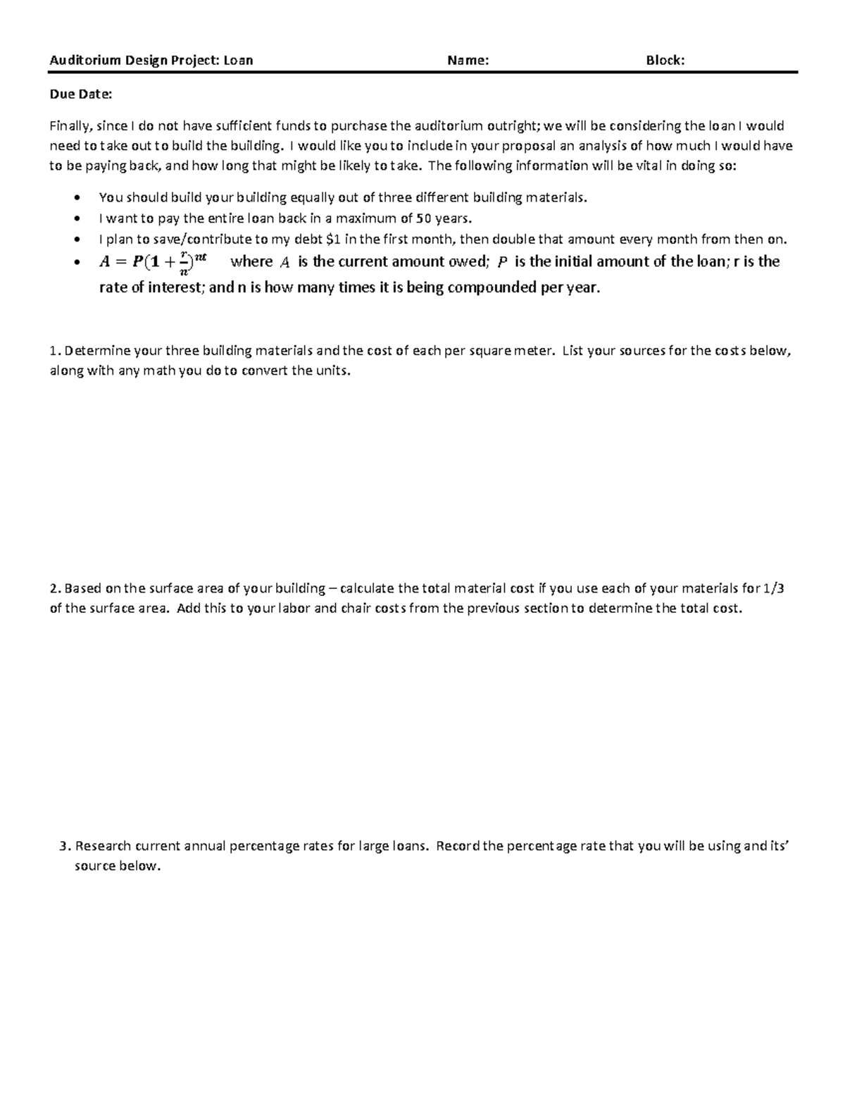 Auditorium Design Project: Loan Analysis and Payment Plan - Studocu