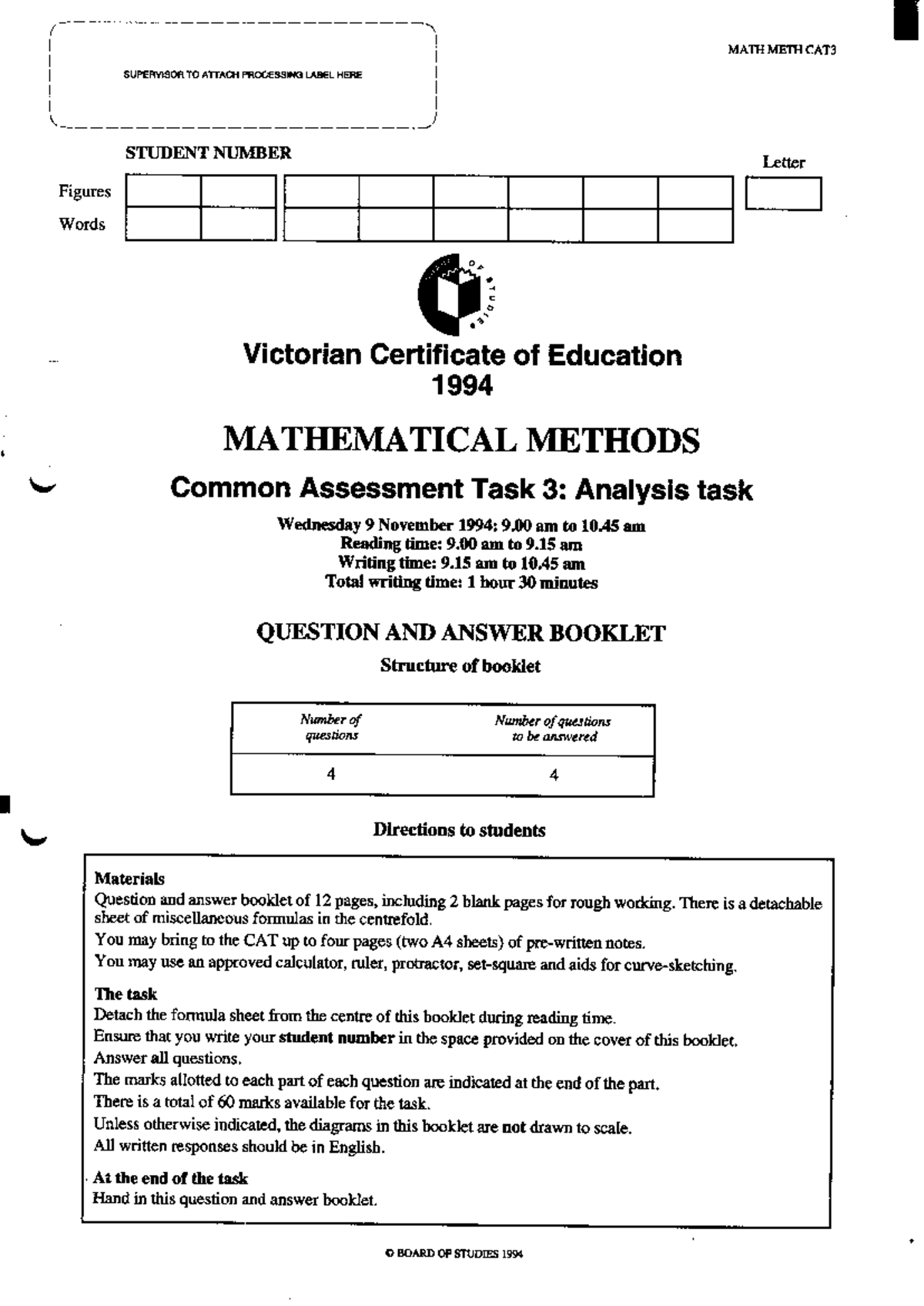 MATH METH CAT3: 1994 VCAA Exam Analysis and Solutions - Studocu