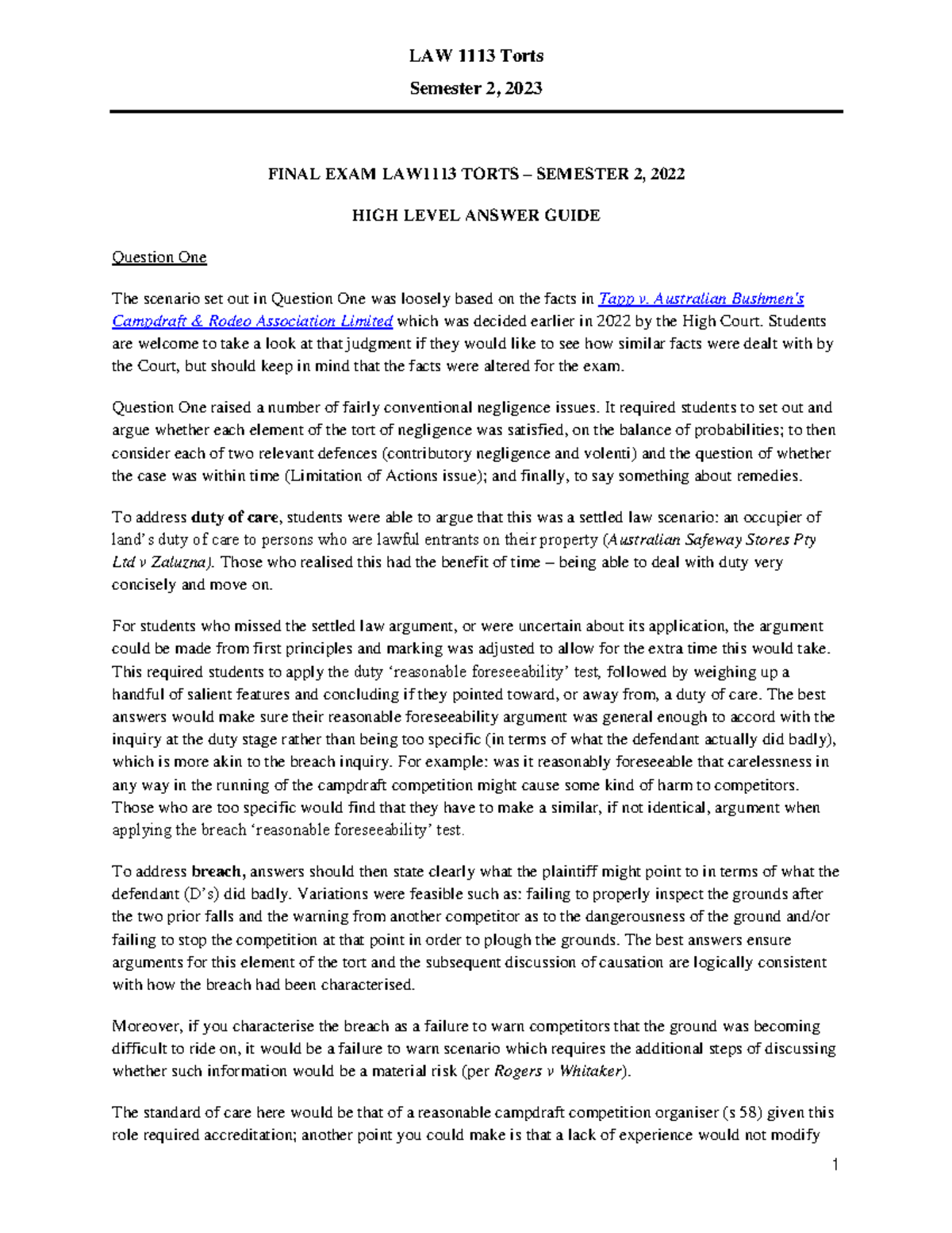LAW1113 Torts S2 2022 FINAL EXAM High-Level Answer Guide - Studocu