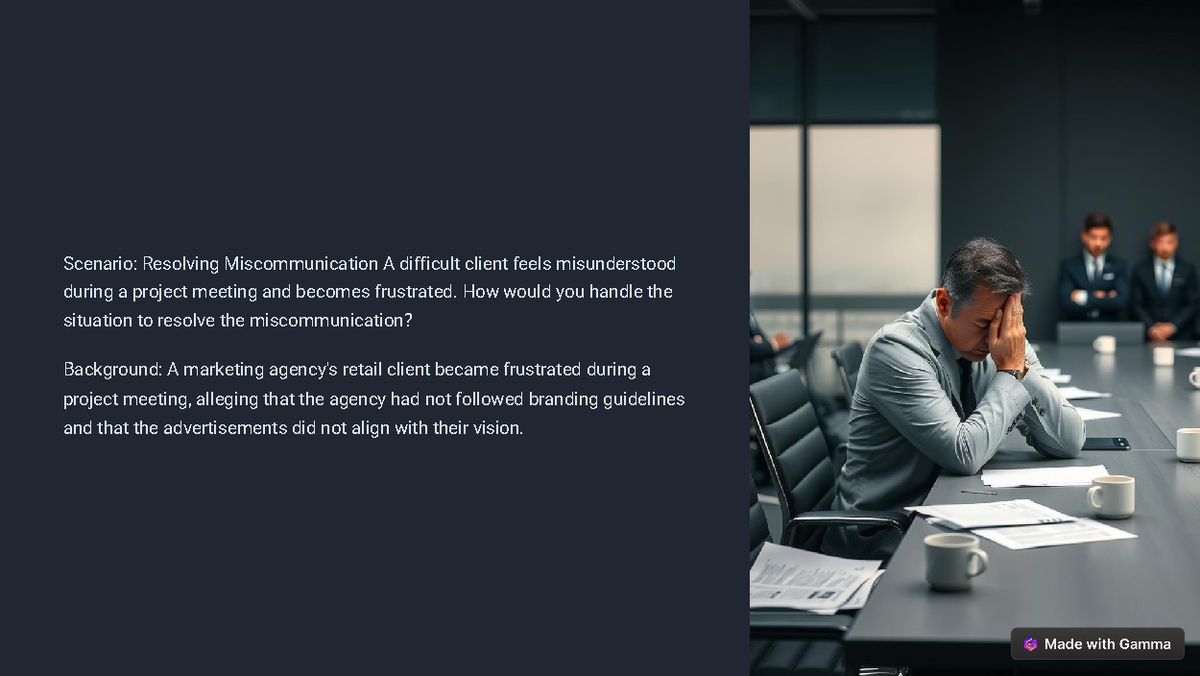 Scenario Resolving Miscommunication A difficult client feels ...
