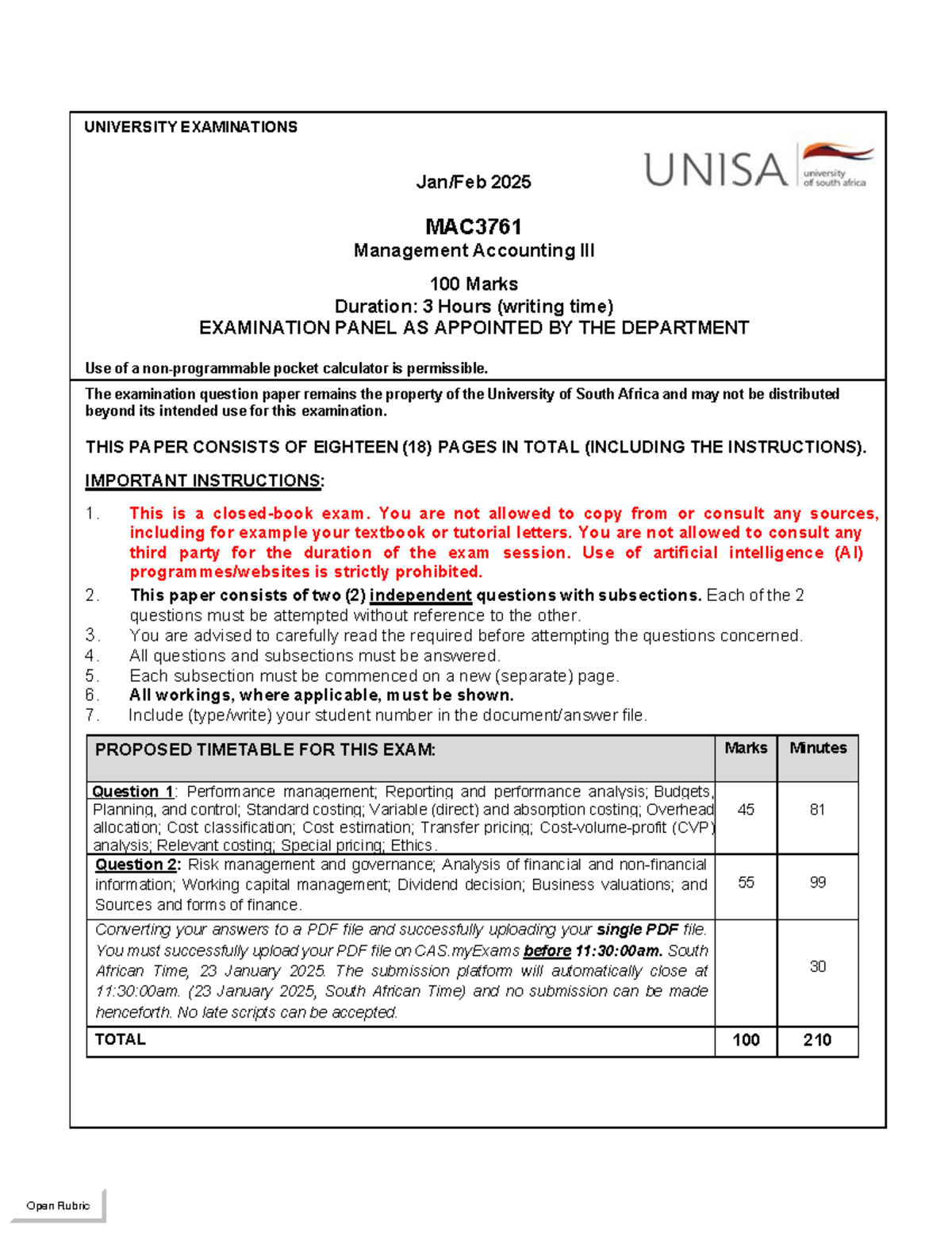 MAC3761 Management Accounting Supplementary Exam Guidelines 2025 - Studocu