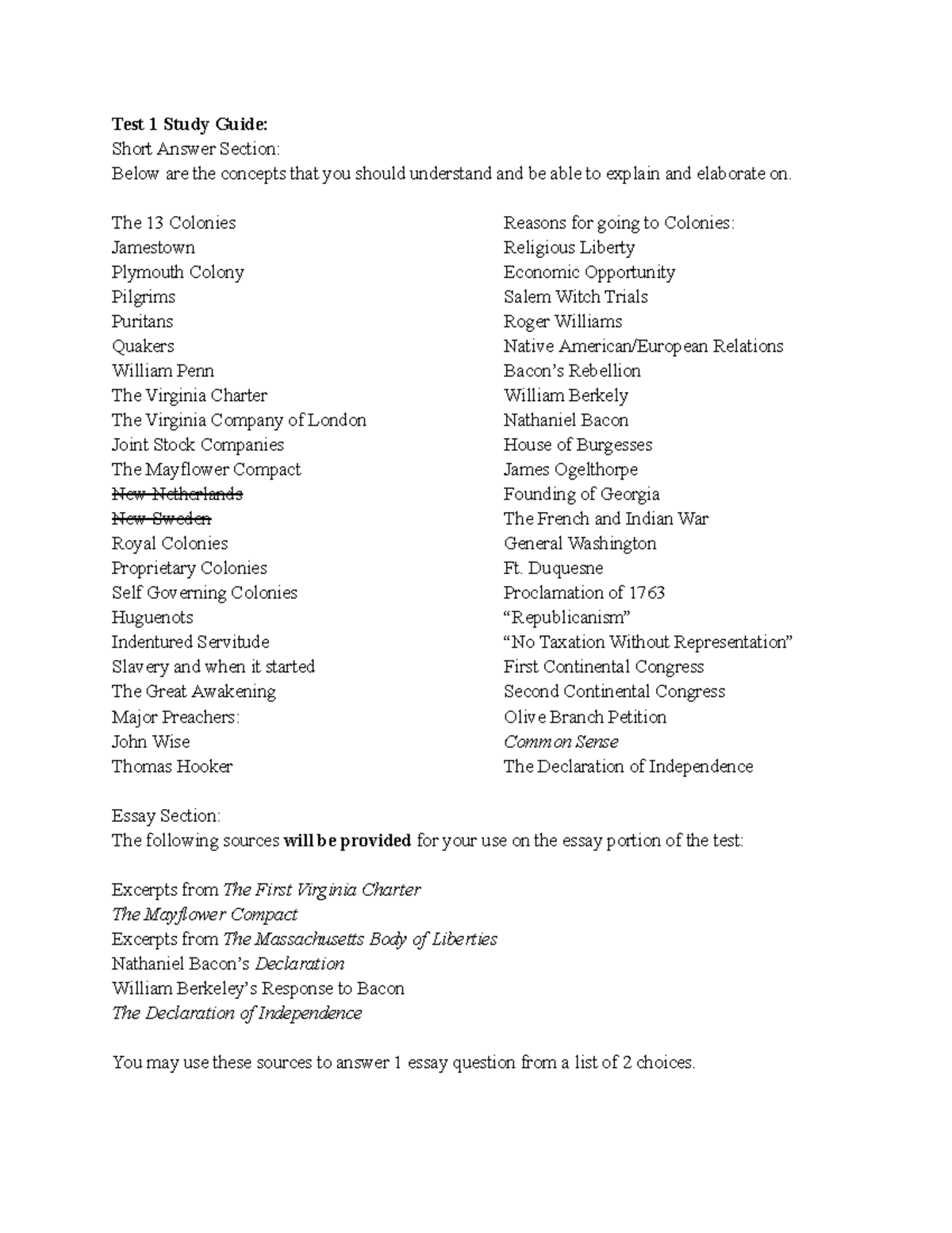 Study Guide for Test 1: Settlement to Independence (HIST101) - Studocu