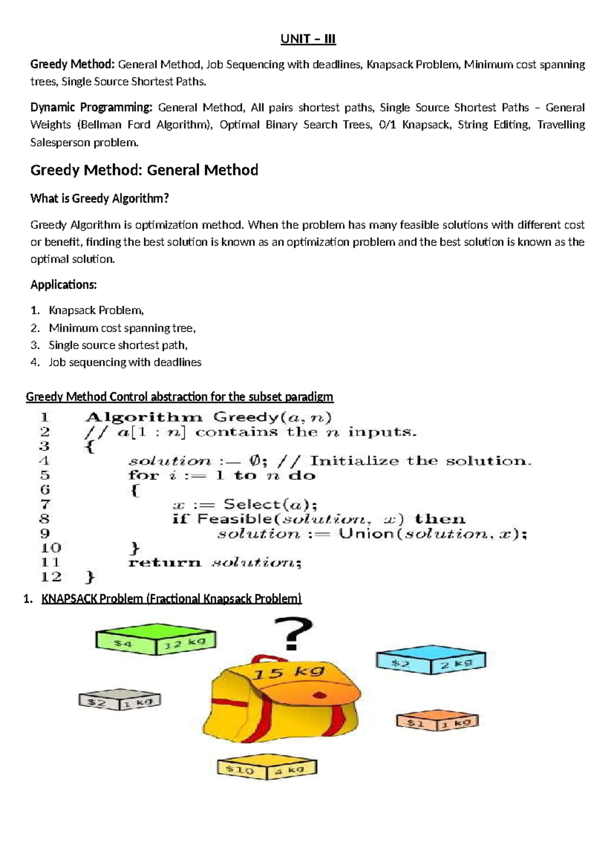 Unit-3 - Greedy Method and Dynamic Programming - UNIT – III Greedy ...