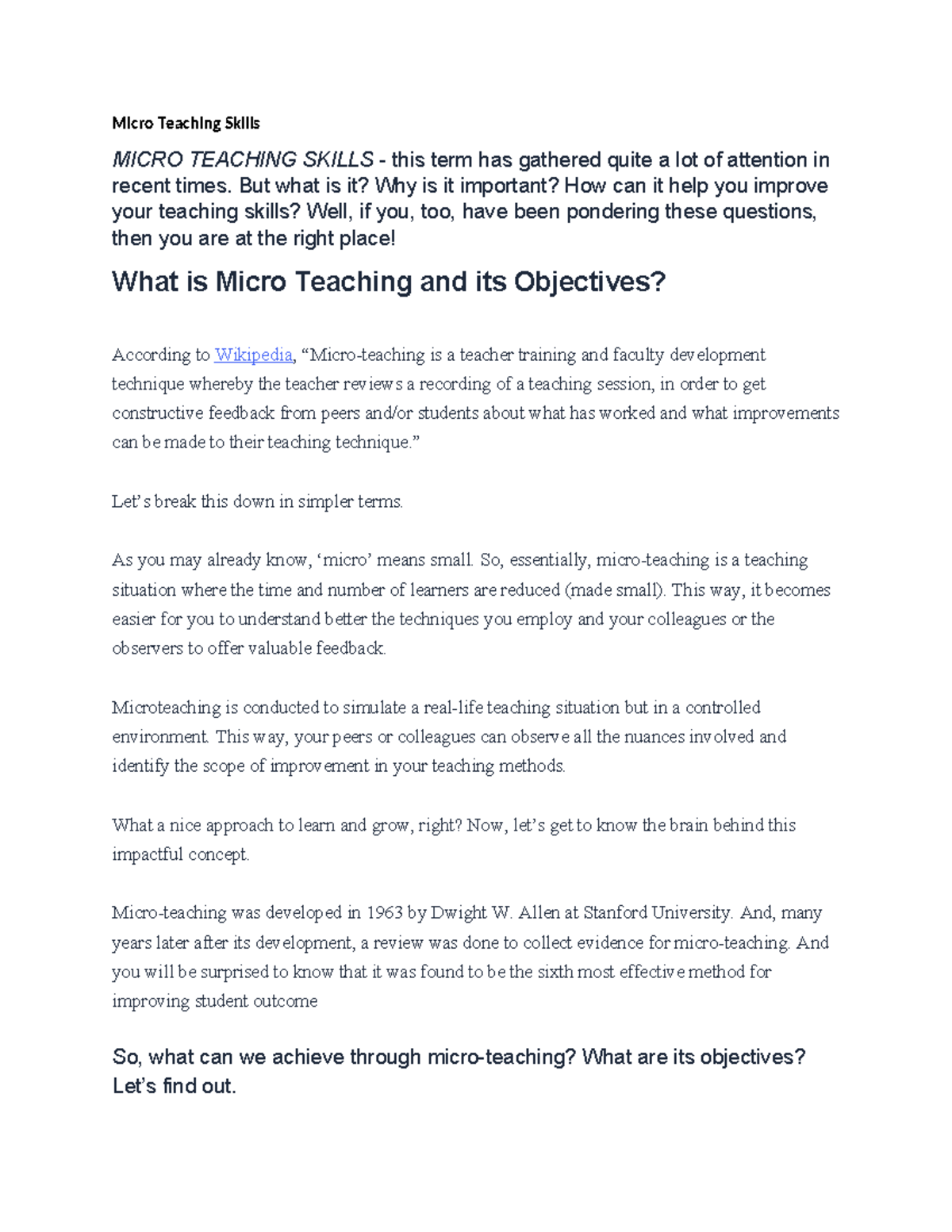 EDU 101: Micro-Teaching Skills Overview and Implementation Guide - Studocu