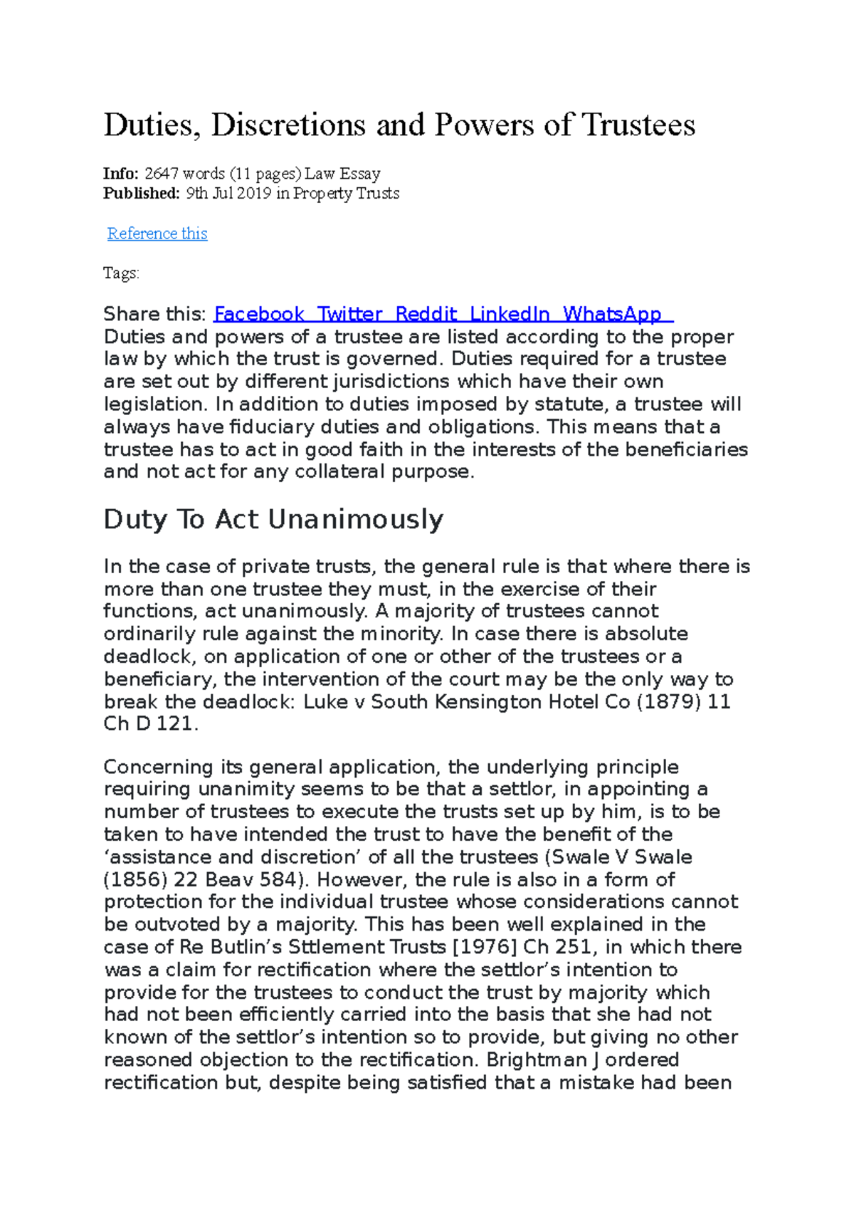 Law Essay - Duties and Powers of Trustees in Property Trusts - Studocu