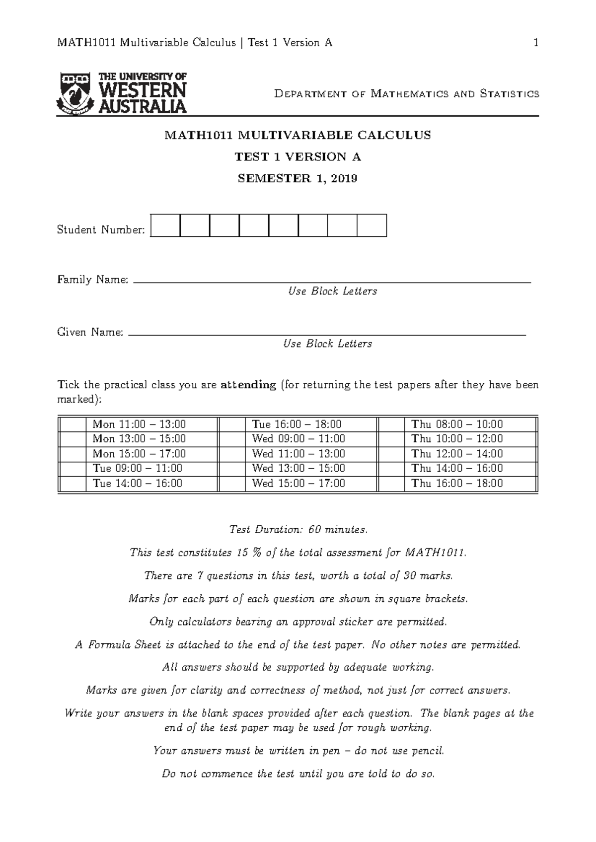 MATH1011 Multivariable Calculus Test 1 Version A - Semester 1, 2019 ...