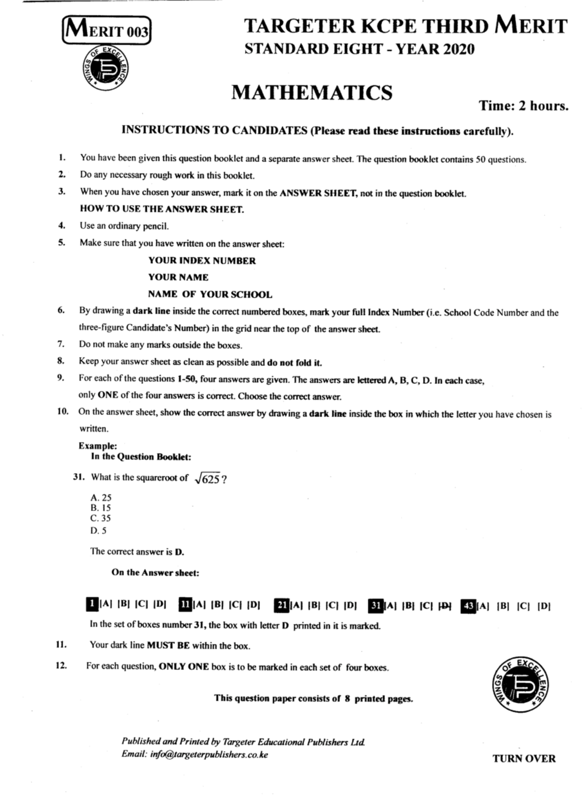 MERIT 003 MATHEMATICS STD. 8 PRACTICE MATERIAL YEAR 2020 - Studocu